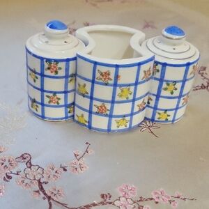 Floral Ceramic  Vintage Salt and Pepper Shakers with Toothpick Holder / Japan